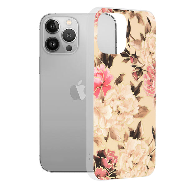 Husa de protectie Techsuit Marble Series compatibila cu Apple iPhone 13 Pro Max, acoperire spate, Mary, Berry Nude