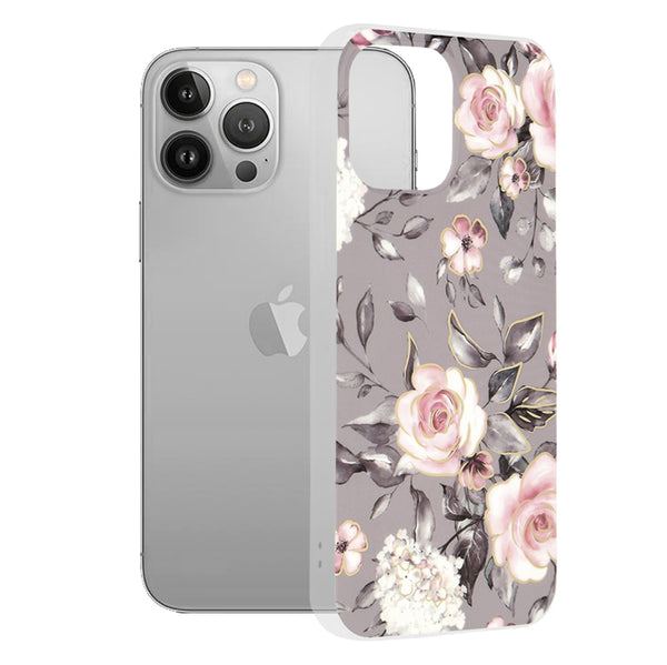 Husa de protectie Techsuit Marble Series compatibila cu Apple iPhone 13 Pro Max, acoperire spate, Bloom of Ruth, Gray