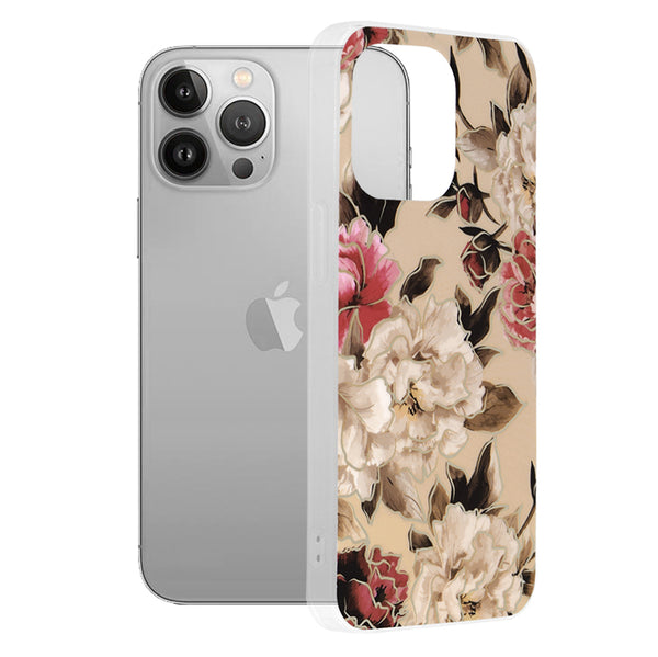 Husa de protectie Techsuit Marble Series compatibila cu Apple iPhone 13 Pro, acoperire spate, Mary, Berry Nude