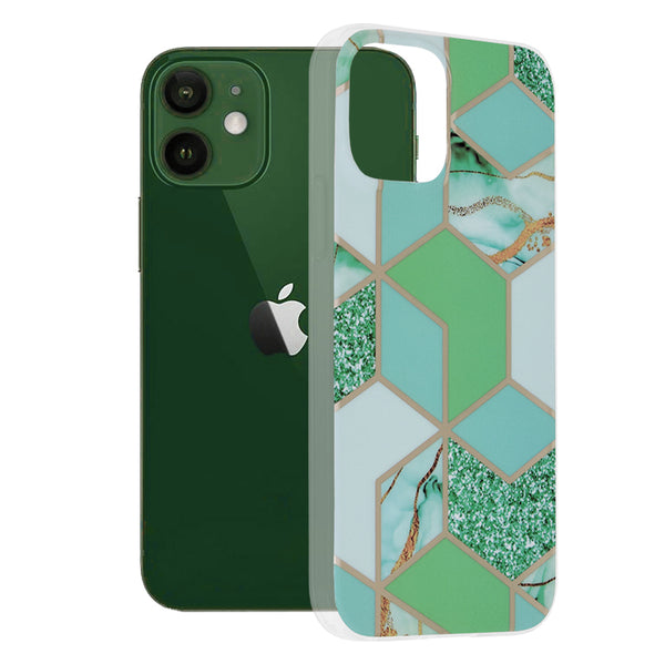 Husa de protectie Techsuit Marble Series compatibila cu Apple iPhone 12, acoperire spate, Green Hex