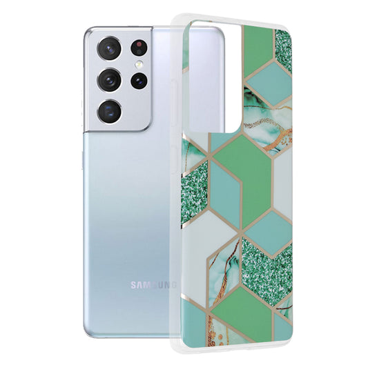 Husa de protectie Techsuit Marble Series compatibila cu Samsung Galaxy S21 Ultra, acoperire spate, Green Hex