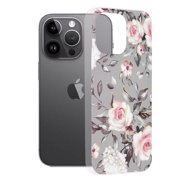 Husa de protectie Techsuit Marble Series compatibila cu Apple iPhone 14 Pro Max, acoperire spate, Bloom of Ruth, Gray