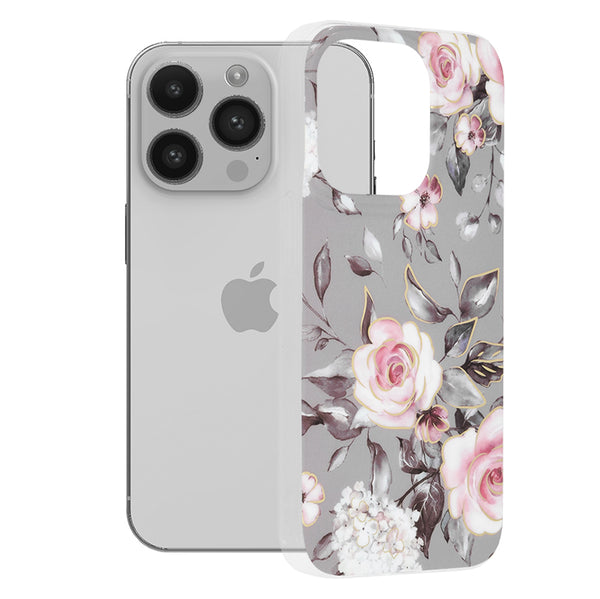 Husa de protectie Techsuit Marble Series compatibila cu Apple iPhone 14 Pro, acoperire spate, Bloom of Ruth, Gray