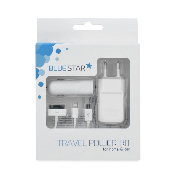 Kit Incarcator Priza + Auto + Cablu APPLE & MicroUSB (Alb) Blue Star