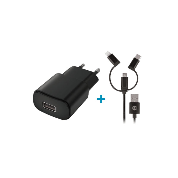 Incarcator Universal 1A + Cablu Textil 3in1 (MicroUSB/Lightning/Tip C) (Negru) Forever TC-01