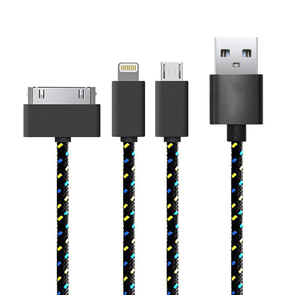 Cablu Textil 3in1 - MicroUSB / Lightning / iPhone 4 (30 Pini) (Negru) 20 cm.