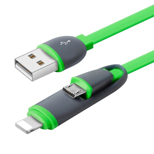 Cablu Date & Incarcare Plat MicroUSB & APPLE Lightning (Verde)