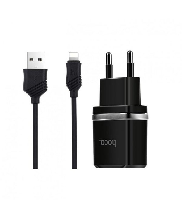 Incarcator 2.4A cu 2 Porturi USB + Cablu Lightning (Negru) C12 HOCO