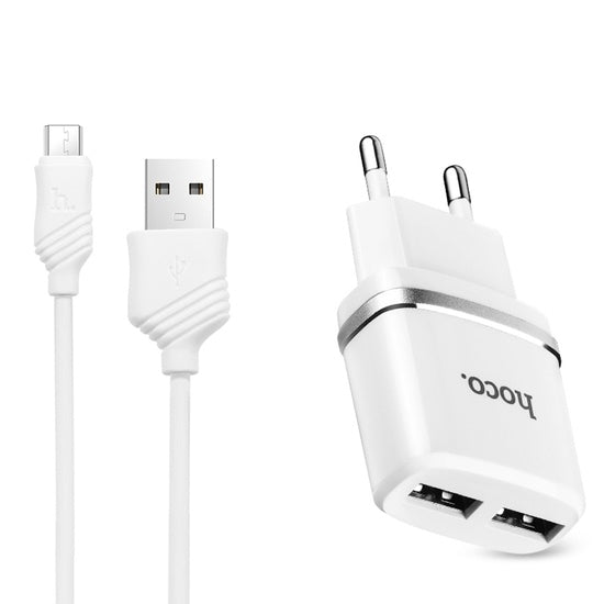 Incarcator 2.4A cu 2 Porturi USB + Cablu MicroUSB (Alb) C12 HOCO