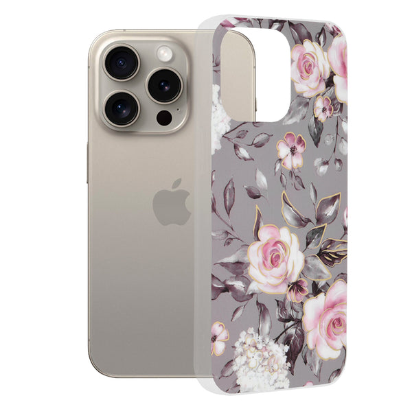 Husa de protectie Techsuit Marble Series compatibila cu Apple iPhone 15 Pro Max, acoperire spate, Bloom of Ruth, Gray