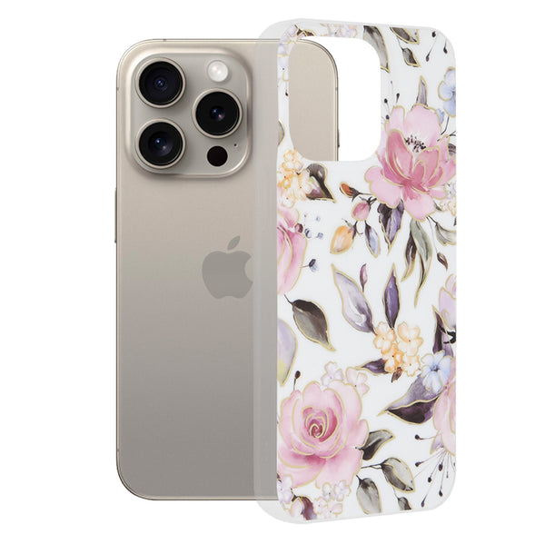 Husa de protectie Techsuit Marble Series compatibila cu Apple iPhone 15 Pro Max, acoperire spate, Chloe White