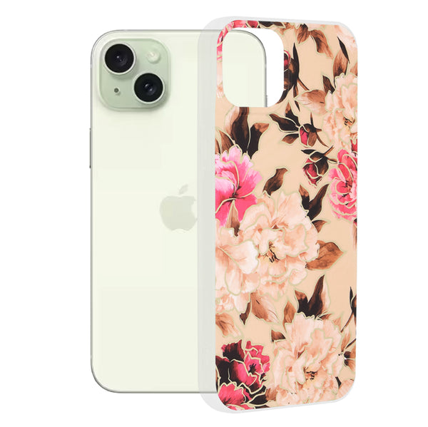 Husa de protectie Techsuit Marble Series compatibila cu Apple iPhone 15 Plus, acoperire spate, Mary, Berry Nude