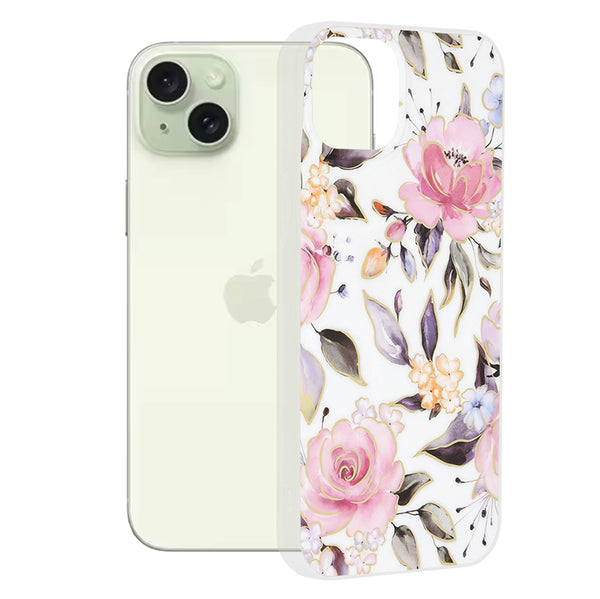 Husa de protectie Techsuit Marble Series compatibila cu Apple iPhone 15 Plus, acoperire spate, Chloe White