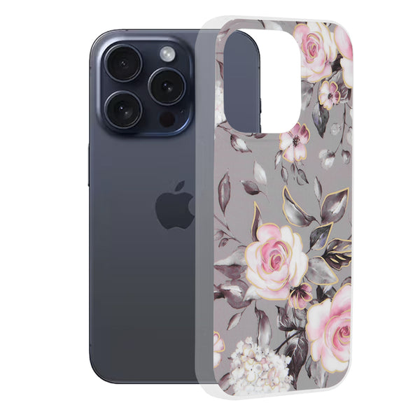 Husa de protectie Techsuit Marble Series compatibila cu Apple iPhone 15 Pro, acoperire spate, Bloom of Ruth, Gray