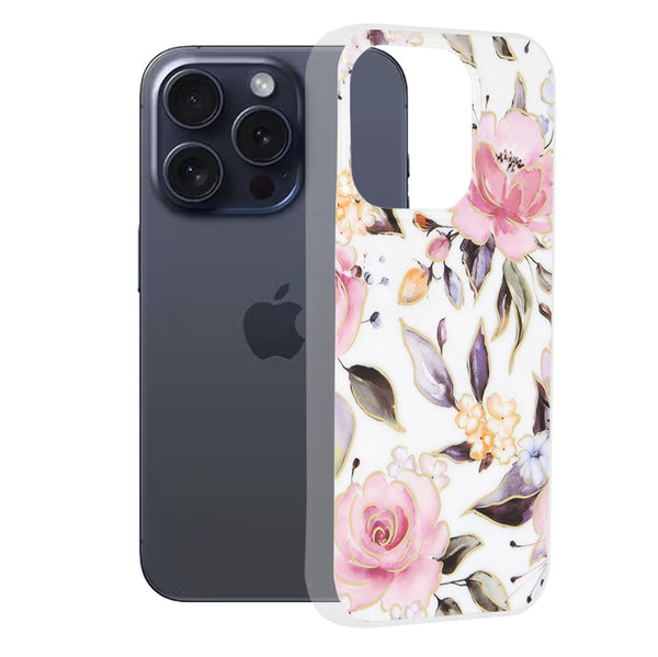 Husa de protectie Techsuit Marble Series compatibila cu Apple iPhone 15 Pro, acoperire spate, Chloe White