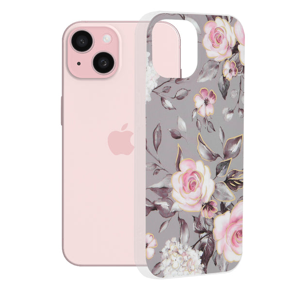 Husa de protectie Techsuit Marble Series compatibila cu Apple iPhone 15, acoperire spate, Bloom of Ruth, Gray