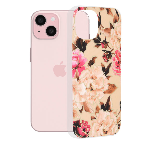 Husa de protectie Techsuit Marble Series compatibila cu Apple iPhone 15, acoperire spate, Mary, Berry Nude