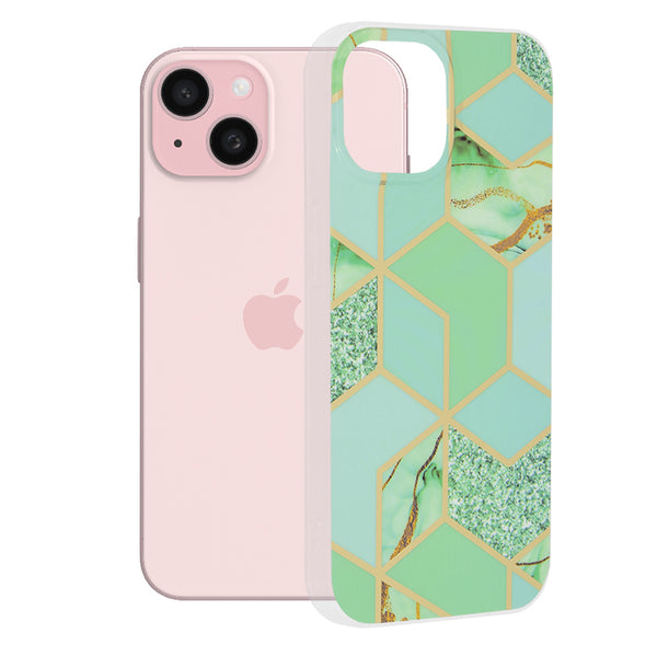 Husa de protectie Techsuit Marble Series compatibila cu Apple iPhone 15, acoperire spate, Green Hex