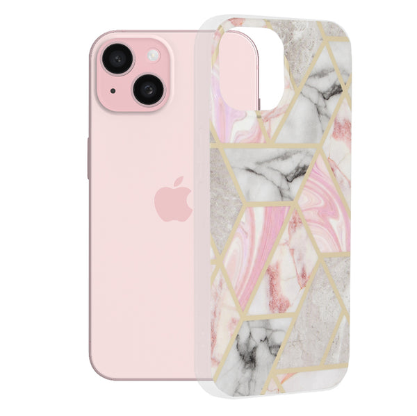 Husa de protectie Techsuit Marble Series compatibila cu Apple iPhone 15, acoperire spate, Pink Hex