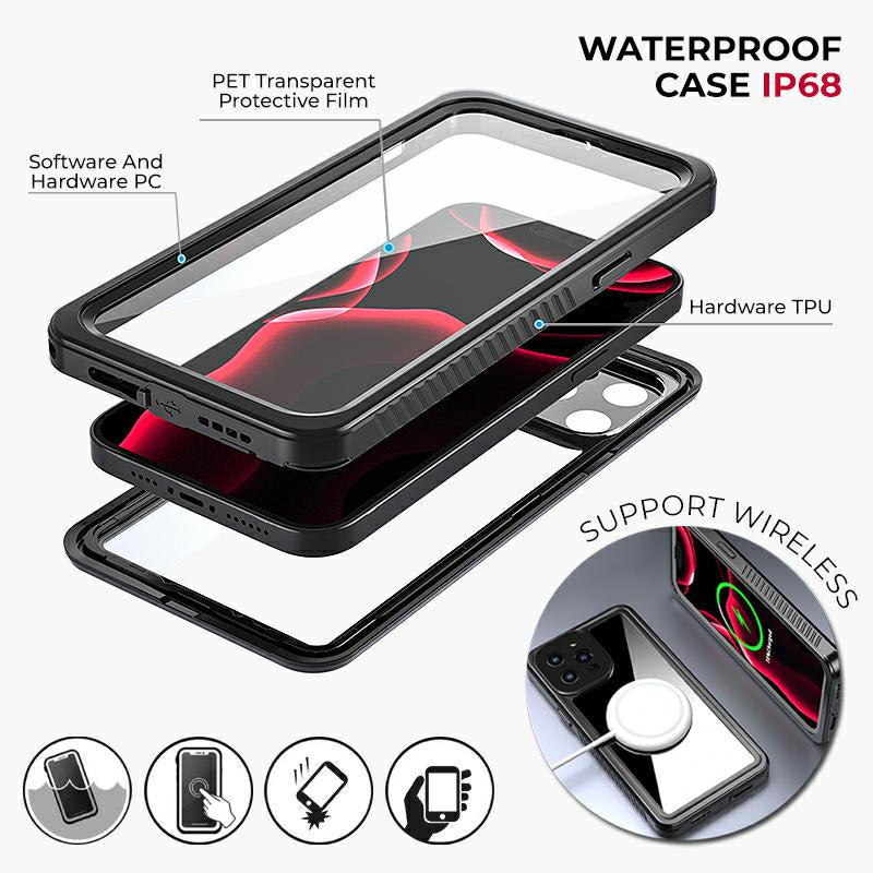 Husa Waterproof IP68 compatibila cu Apple iPhone 14 Pro, neagra, full cover 360, anti-shock