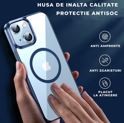 Husa de protectie MagSafe compatibila cu Apple iPhone 14, albastra, functie incarcare wireless, rezistenta la socuri
