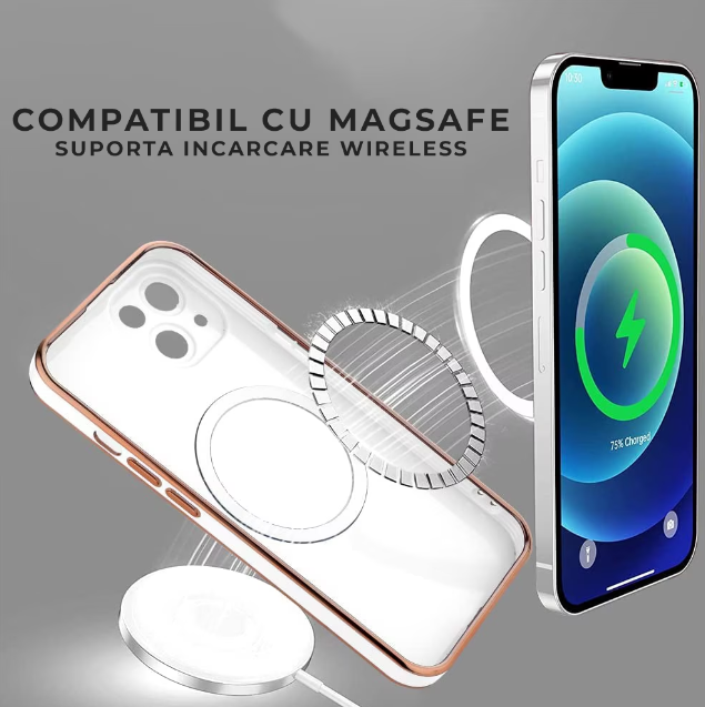 Husa de protectie MagSafe compatibila cu Apple iPhone 13 Mini, roz pal, functie incarcare wireless, rezistenta la socuri