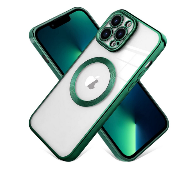 Husa de protectie MagSafe compatibila cu Apple iPhone 13 Mini, verde inchis, functie incarcare wireless, rezistenta la socuri