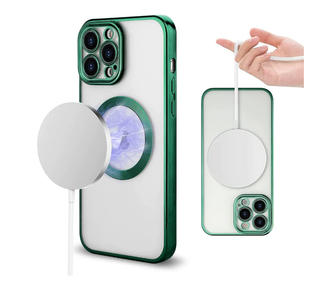 Husa de protectie MagSafe compatibila cu Apple iPhone 14 Plus, verde inchis, functie incarcare wireless, rezistenta la socuri