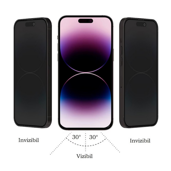Set Husa Silicon + Folie din sticla Privacy compatibila cu Apple iPhone 15 Pro, neagra, protectie 360