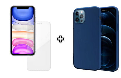 Set Husa Silicon + Folie din silicon Case Friendly compatibila cu Apple iPhone 11 Pro Max, albastra, protectie 360