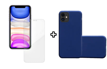 Set Husa Silicon + Folie din silicon Case Friendly compatibila cu Apple iPhone 12, albastra, protectie 360
