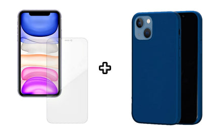 Set Husa Silicon + Folie din silicon Case Friendly compatibila cu Apple iPhone 13, albastra, protectie 360