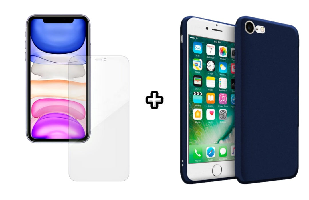 Set Husa Silicon + Folie din silicon Case Friendly compatibila cu Apple iPhone 7 Plus, albastra, protectie 360