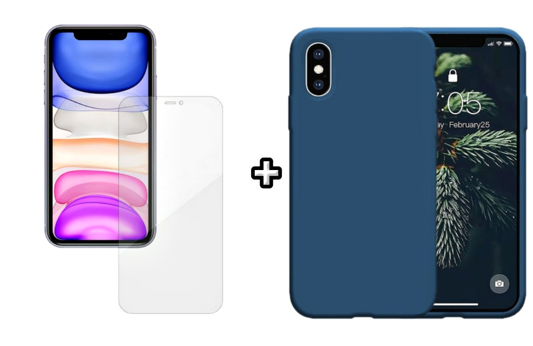 Set Husa Silicon + Folie din silicon Case Friendly compatibila cu Apple iPhone X, albastra, protectie 360