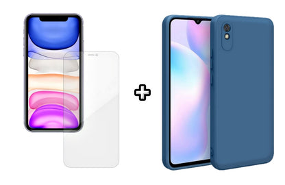 Set Husa Silicon plus Folie din silicon Case Friendly compatibila cu Xiaomi Redmi 9A, albastra, protectie 360