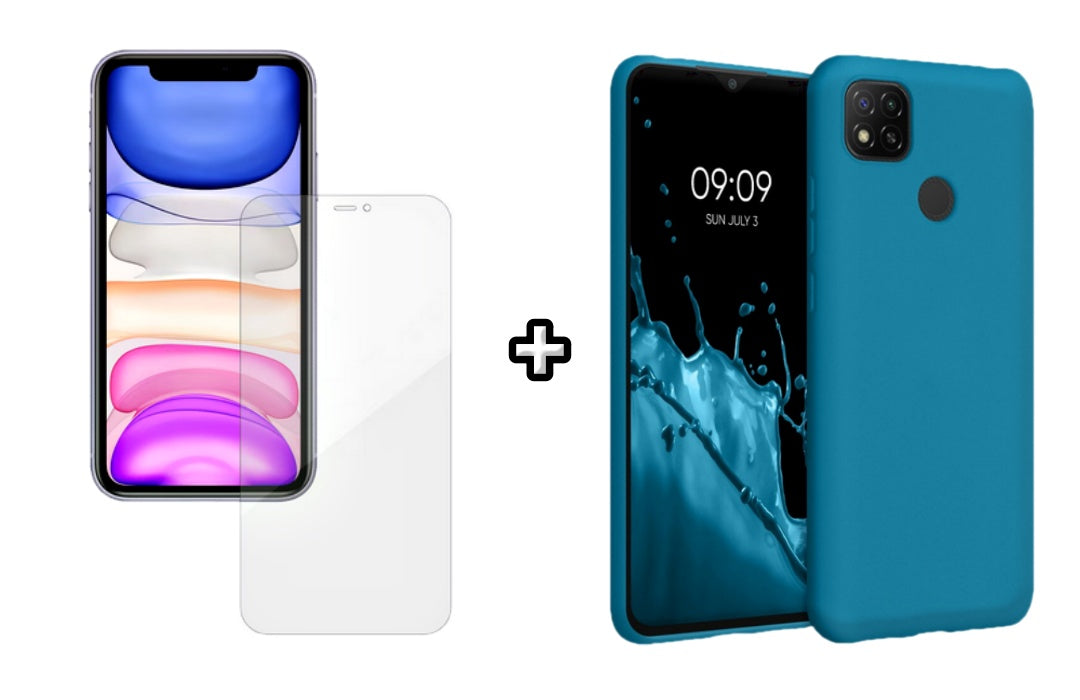 Set Husa Silicon plus Folie din silicon Case Friendly compatibila cu Xiaomi Redmi 9C, albastra, protectie 360