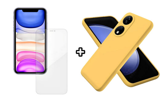 Set Husa Silicon plus Folie din silicon Case Friendly compatibila cu Honor X7b, galbena, protectie 360