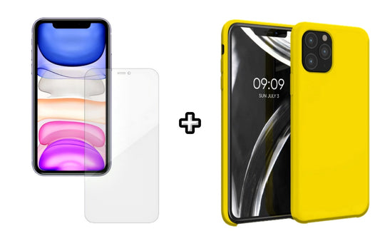 Set Husa Silicon + Folie din silicon Case Friendly compatibila cu Apple iPhone 11 Pro, galbena, protectie 360