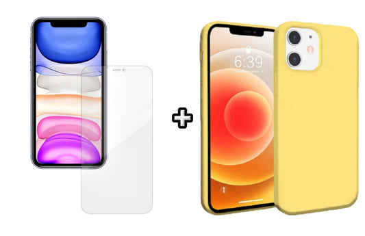Set Husa Silicon + Folie din silicon Case Friendly compatibila cu Apple iPhone 12 Mini, galbena, protectie 360