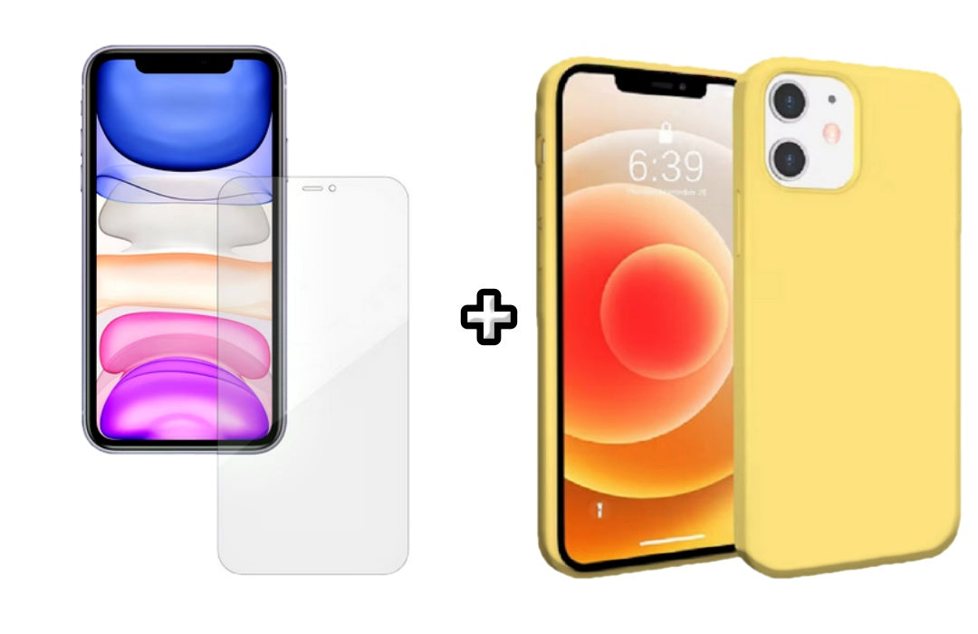 Set Husa Silicon + Folie din silicon Case Friendly compatibila cu Apple iPhone 12, galbena, protectie 360