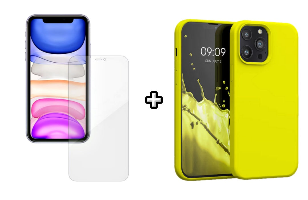 Set Husa Silicon + Folie din silicon Case Friendly compatibila cu Apple iPhone 14 Pro, galben, protectie 360