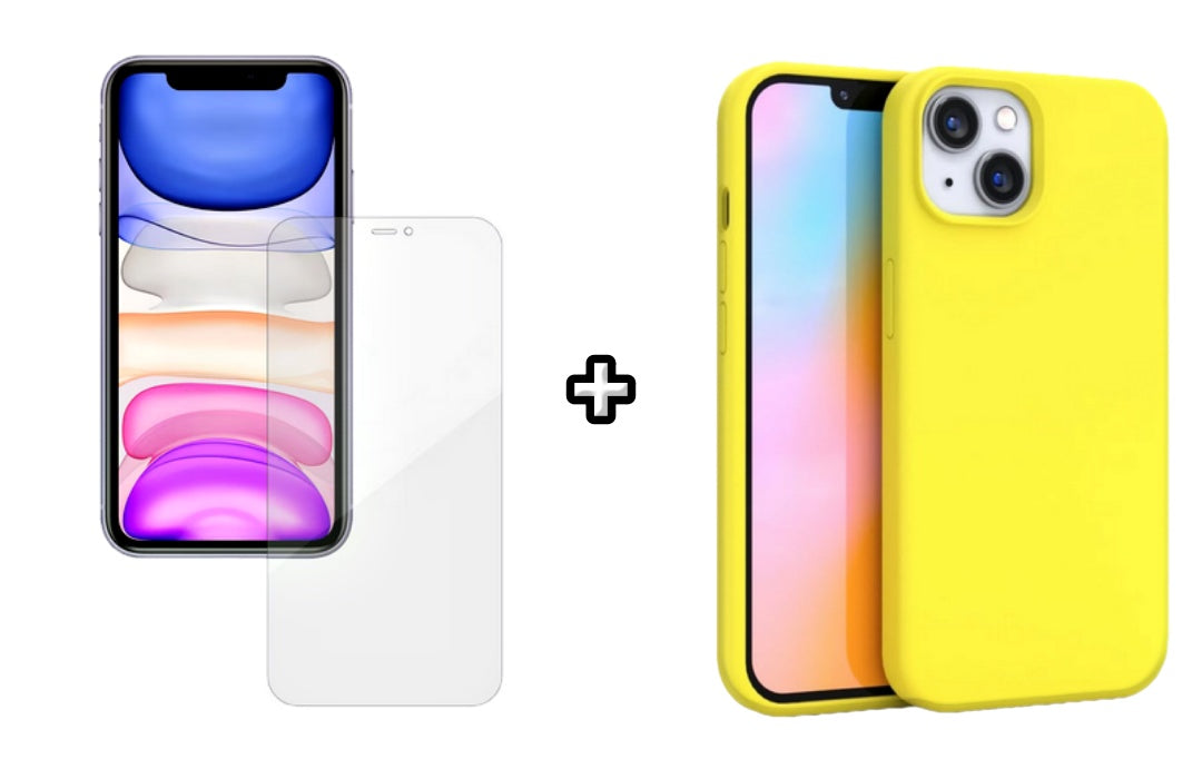 Set Husa Silicon + Folie din silicon Case Friendly compatibila cu Apple iPhone 15 Plus, galben, protectie 360