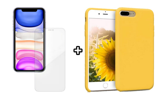 Set Husa Silicon + Folie din silicon Case Friendly compatibila cu Apple iPhone 7 Plus, galbena, protectie 360