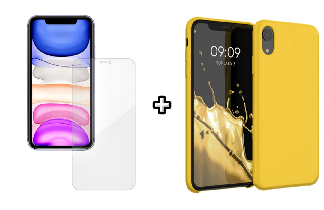 Set Husa Silicon + Folie din silicon Case Friendly compatibila cu Apple iPhone XR, galbena, protectie 360