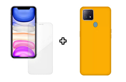 Set Husa Silicon plus Folie din silicon Case Friendly compatibila cu OPPO A15, galbena, protectie 360