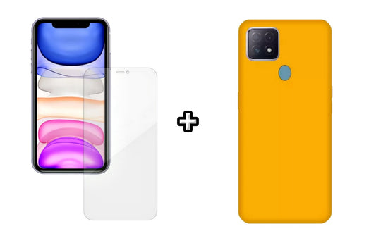 Set Husa Silicon plus Folie din silicon Case Friendly compatibila cu OPPO A15, galbena, protectie 360