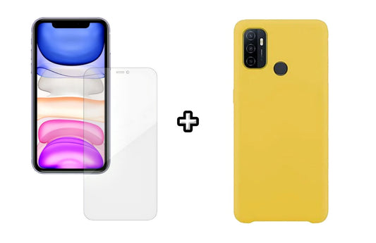 Set Husa Silicon plus Folie din silicon Case Friendly compatibila cu OPPO A53, galbena, protectie 360