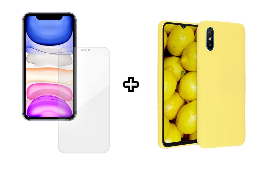 Set Husa Silicon plus Folie din silicon Case Friendly compatibila cu Xiaomi Redmi 9A, galbena, protectie 360