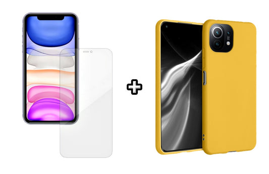 Set Husa Silicon plus Folie din silicon Case Friendly compatibila cu Xiaomi Mi 11 Lite, galbena, protectie 360