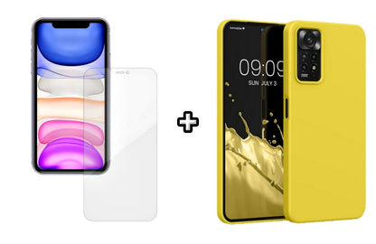 Set Husa Silicon plus Folie din silicon Case Friendly compatibila cu Xiaomi Redmi Note 11, galbena, protectie 360